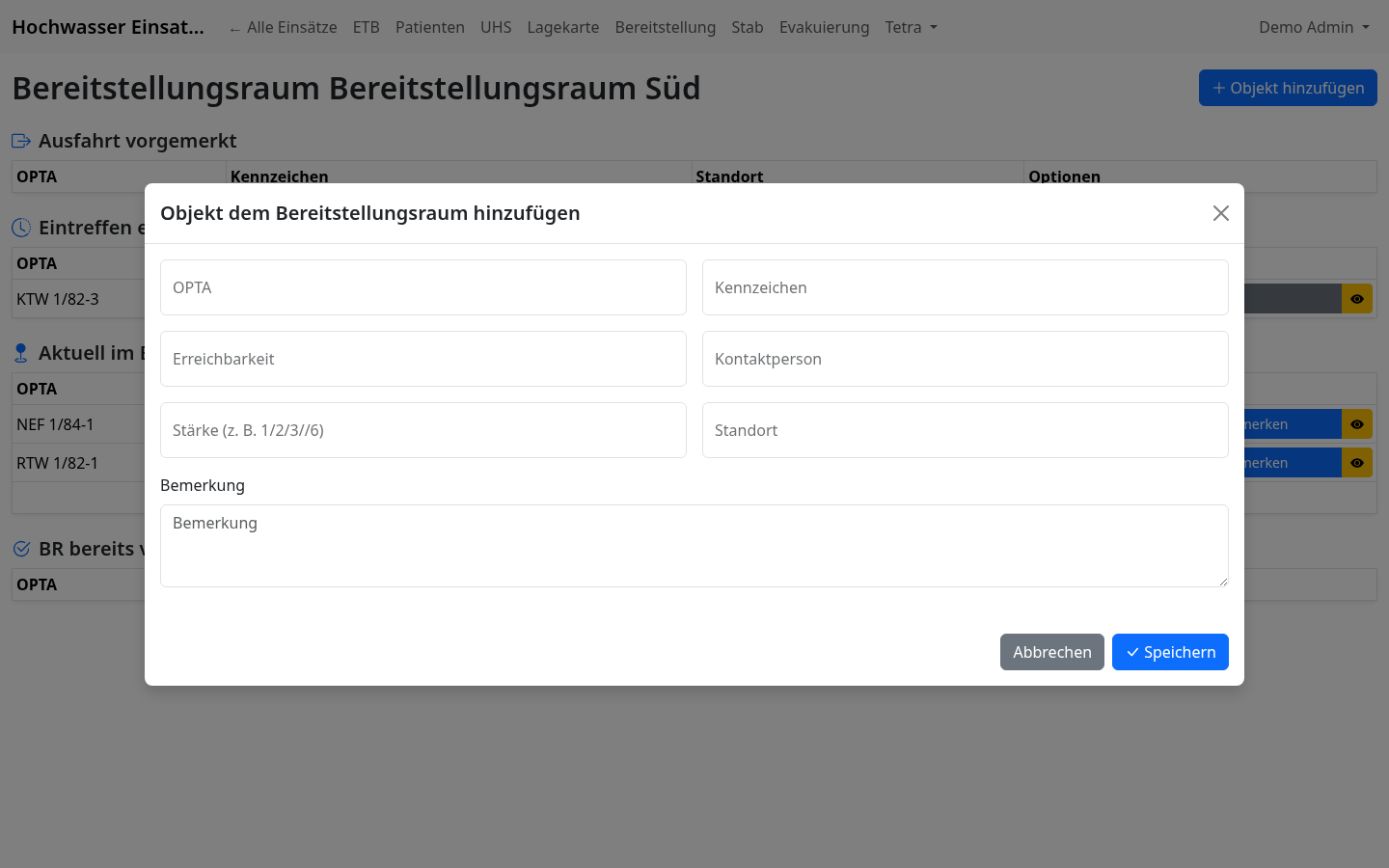 Modal zum Erfassen eines neuen Objekts im Bereitstellungsraum