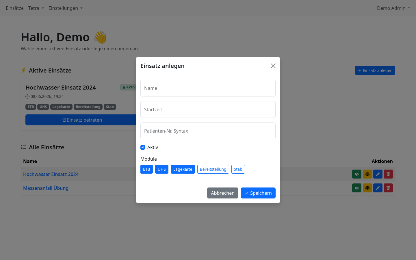 Formular Einsatz anlegen mit Name, Startzeit, Patienten-Nr.-Syntax und Modul-Schaltern