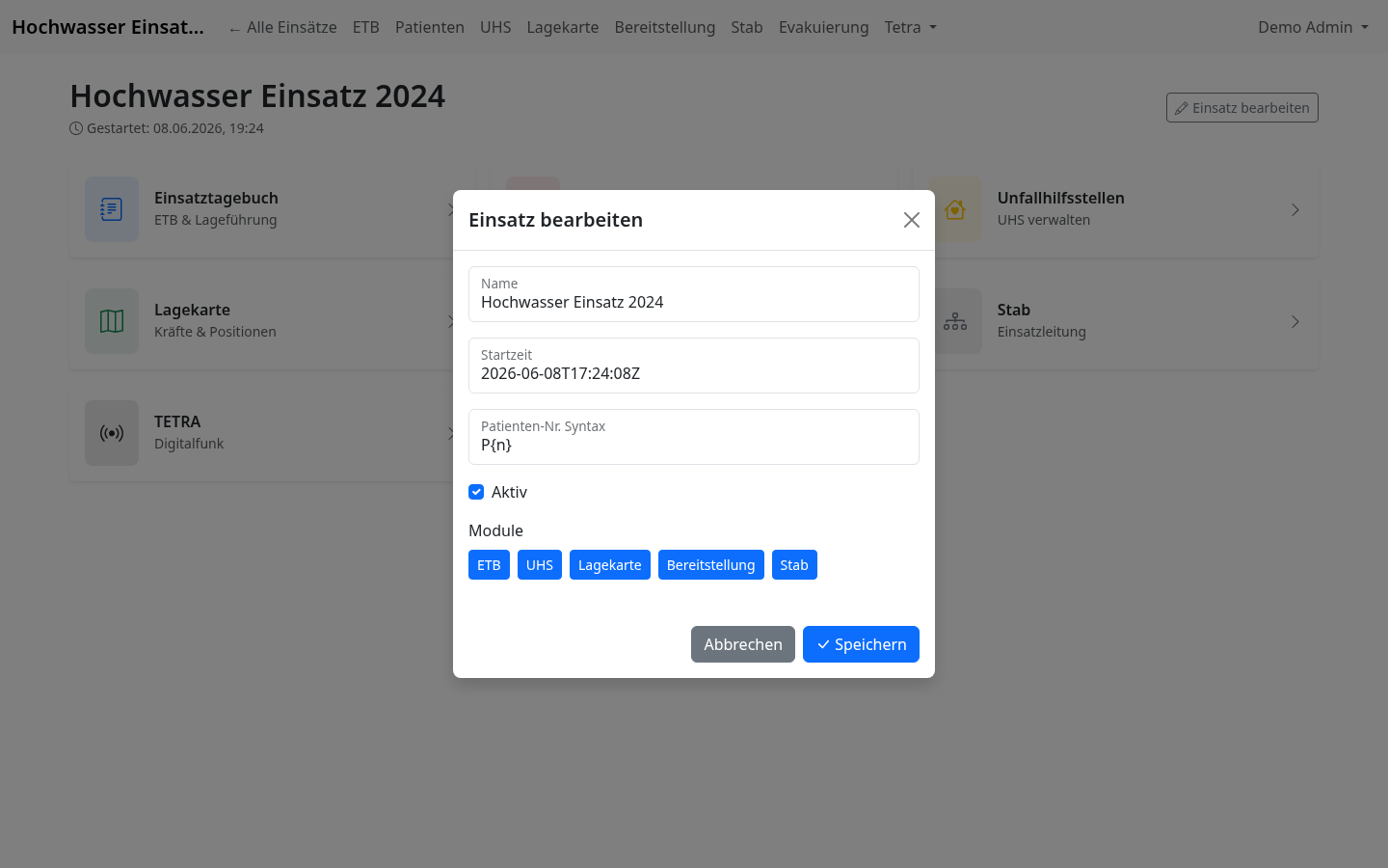 Formular Einsatz bearbeiten mit vorausgefüllten Daten und aktivierten Modul-Schaltern