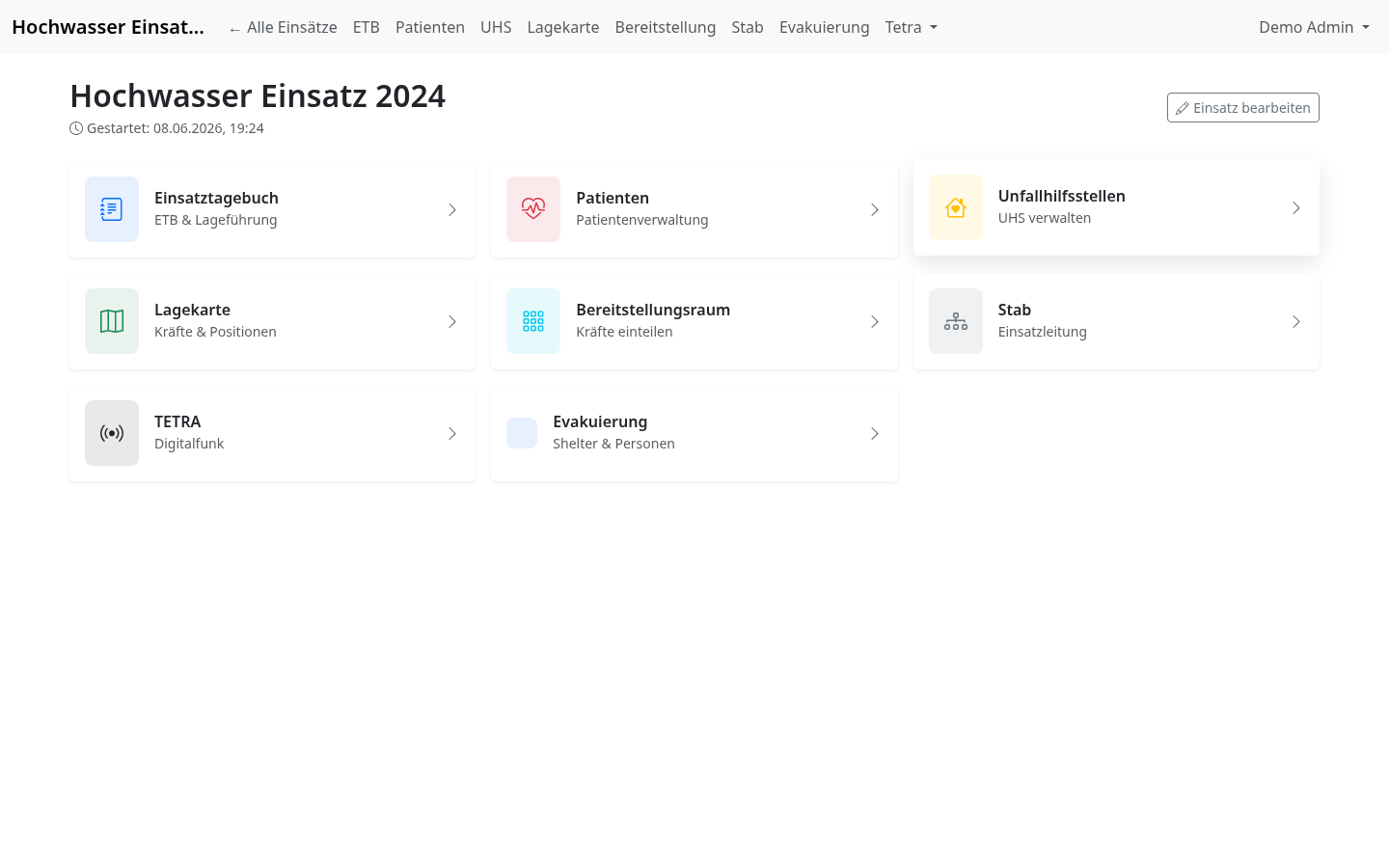 Einsatzübersicht mit Modul-Kacheln für ETB, Patienten, UHS, Lagekarte, Bereitstellung und Stab
