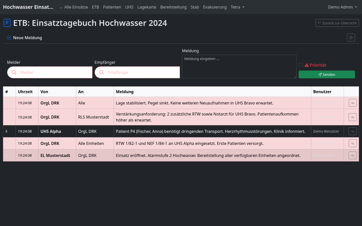 Meldungen-Detailseite eines Tagebuchs mit Inline-Formular und Meldungstabelle