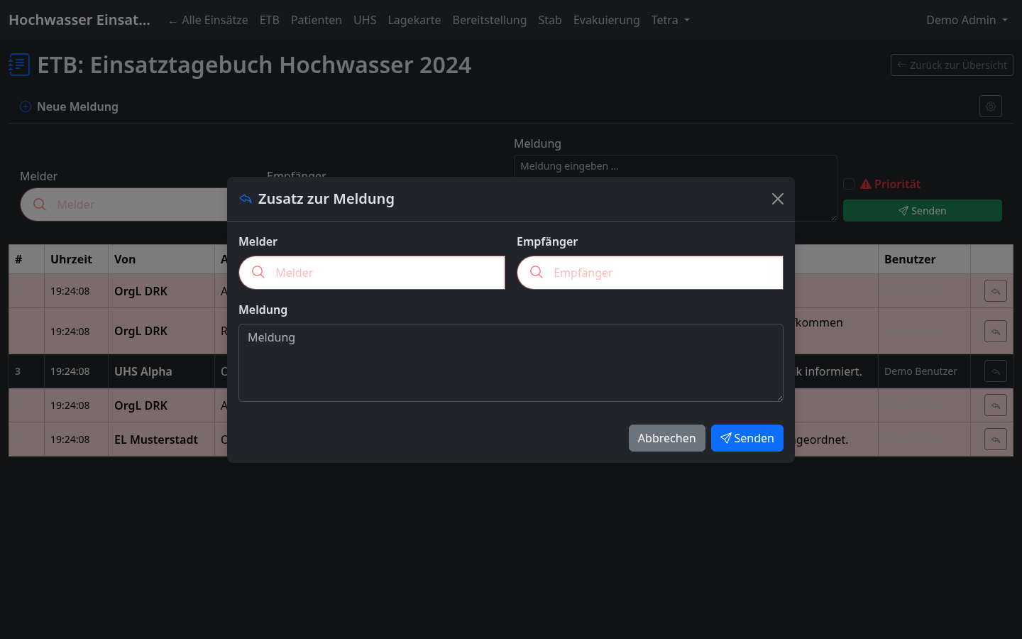 Modal „Zusatz zur Meldung“ mit Feldern Melder, Empfänger und Meldung