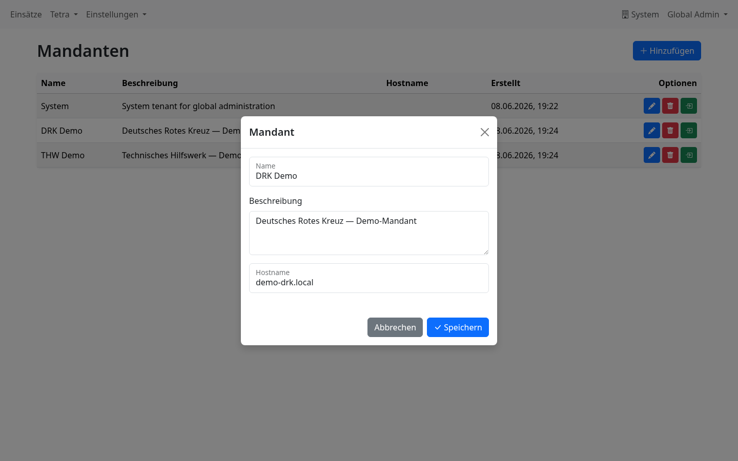 Formular Mandant bearbeiten mit Name, Beschreibung und Hostname
