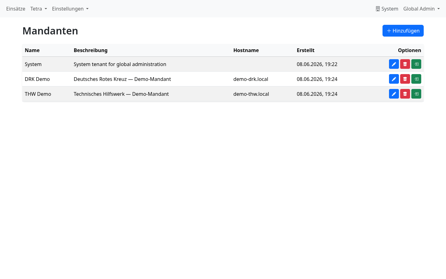 Mandantenliste mit System-, DRK- und THW-Demo-Mandant