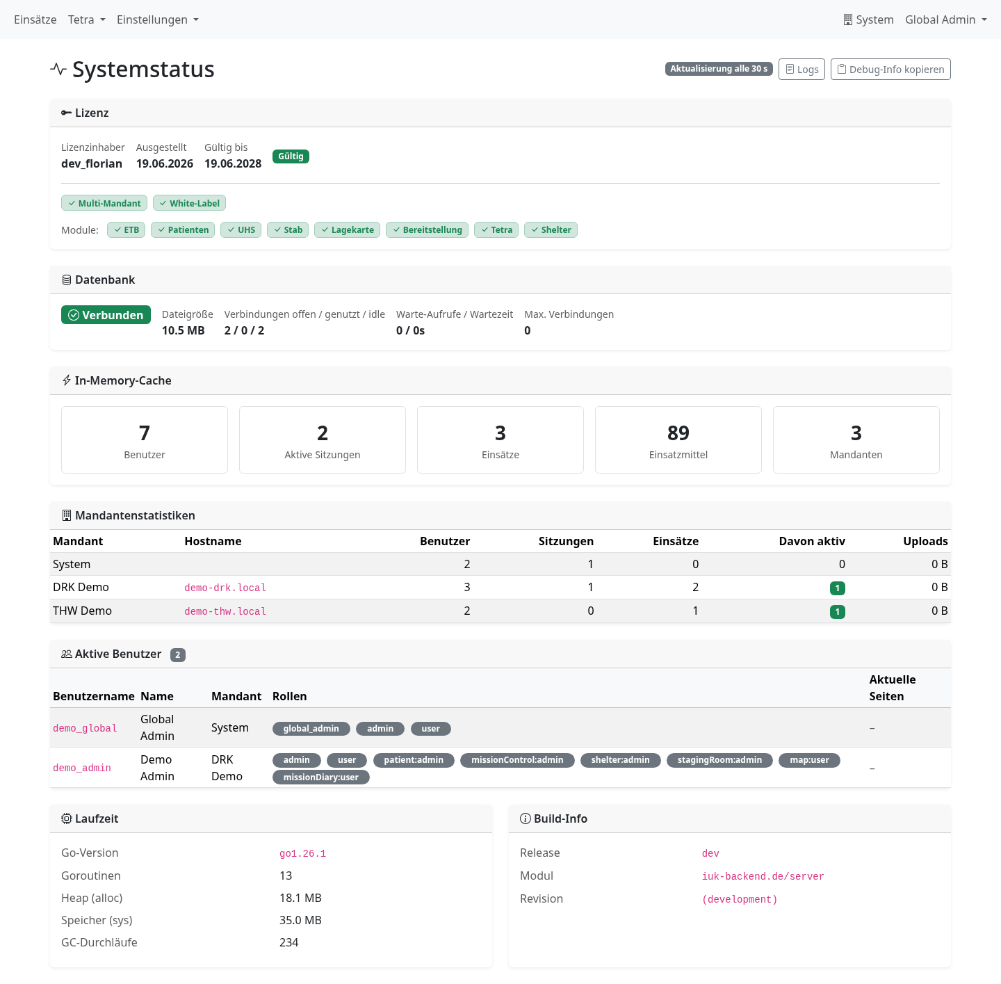 Health-Dashboard mit Lizenz-Info, Datenbank-, Cache- und Mandantenstatistiken