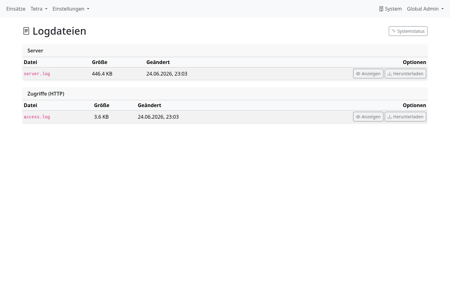 Logdatei-Browser mit nach Kategorie gruppierten Logdateien (Server, Zugriffe, ggf. TETRA-Gateway)